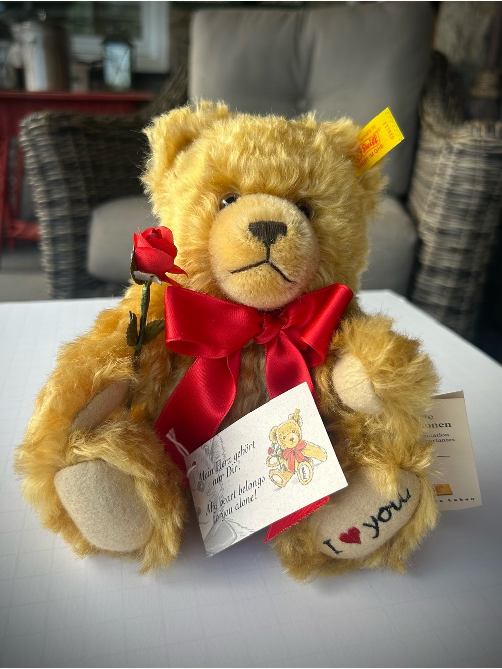 Steiff Golden Bear Plush with Red Bow and Rose
